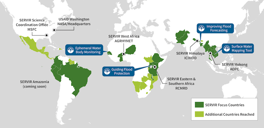 Global map showing SERVIR hubs and countries with four services pinpointed