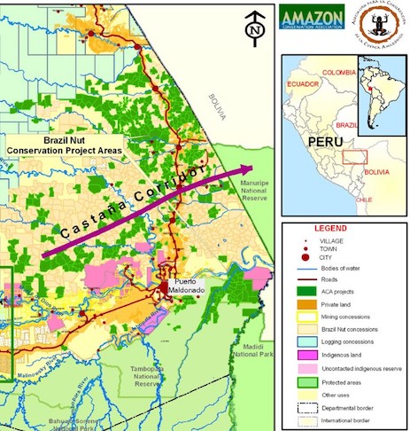 Detail map of Peru, showing conservation corridor, project areas, parks and reserves
