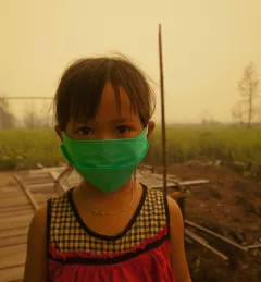 A child in Southeast Asia is forced to wear masks due to the toxic smoke from peat land fires.  Photo by Aulia Erlangga/CIFOR (https://flic.kr/p/VsgnKX)