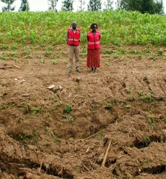 Two red cross workers standing in a crop field that was largely destroyed by floods in May 2018. Photo credit: USAID Kenya. Source: https://flic.kr/p/24GgwFS