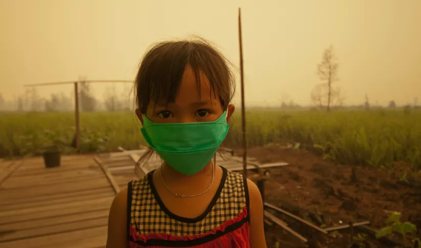 A child in Southeast Asia is forced to wear masks due to the toxic smoke from peat land fires.  Photo by Aulia Erlangga/CIFOR (https://flic.kr/p/VsgnKX)