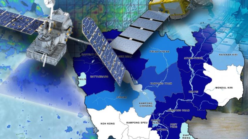 A blue and white map of southeast Asia with pictures of satellites flying over head